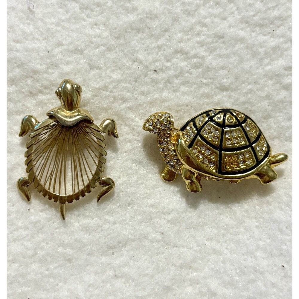 Vintage Turtle Brooch Pin Lot Gold Sea Turtle Openwork Shell Rhinestone Tortoise